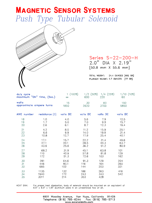 Tubular Push Solenoid S-22-200-H, Page 1