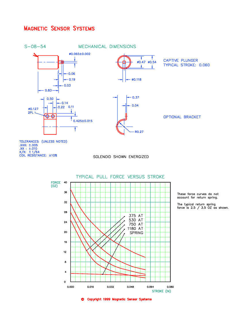 S-08-54 low-profile clapper solenoid mechanical dimensions and force curves
