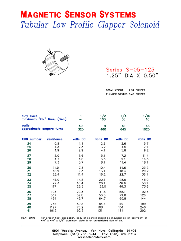 Low Profile Tubular Solenoid S-05-125, Page 1