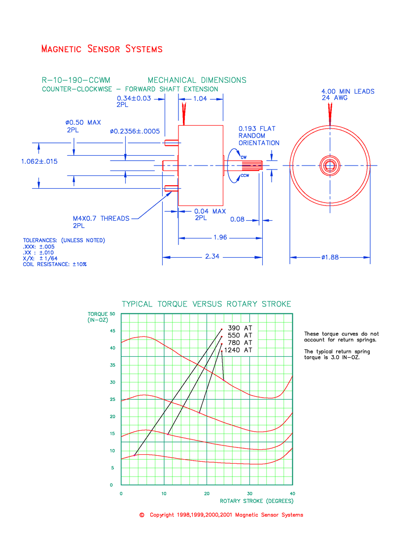 R-10-190-CCWM rotary solenoid mechanical dimensions and performance data